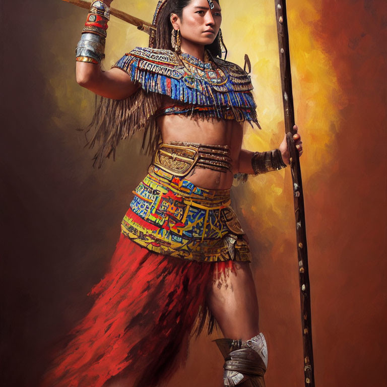 Traditional warrior in ornate costume with spear on warm background