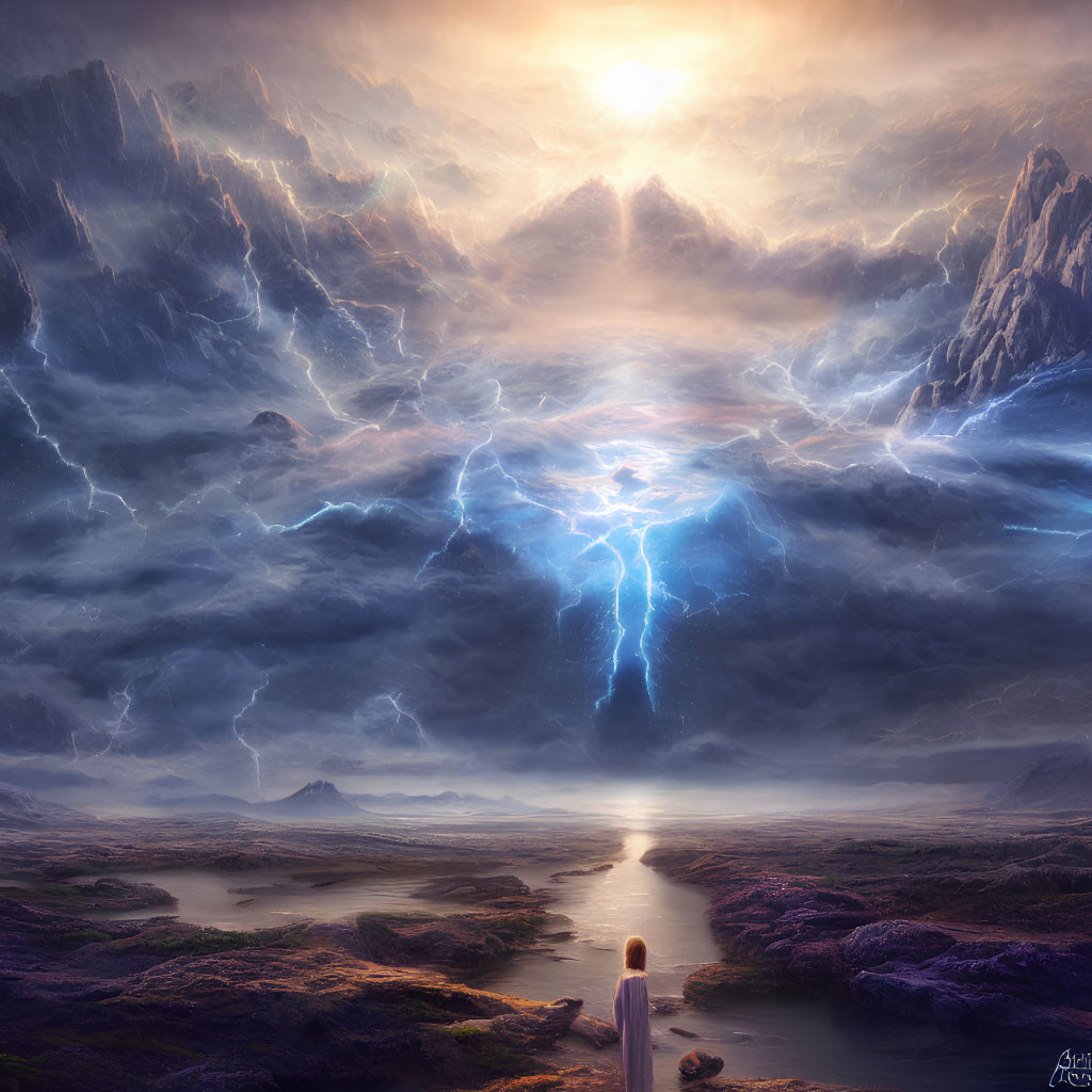 Person in surreal landscape with heather-covered plains and dramatic lightning bolts