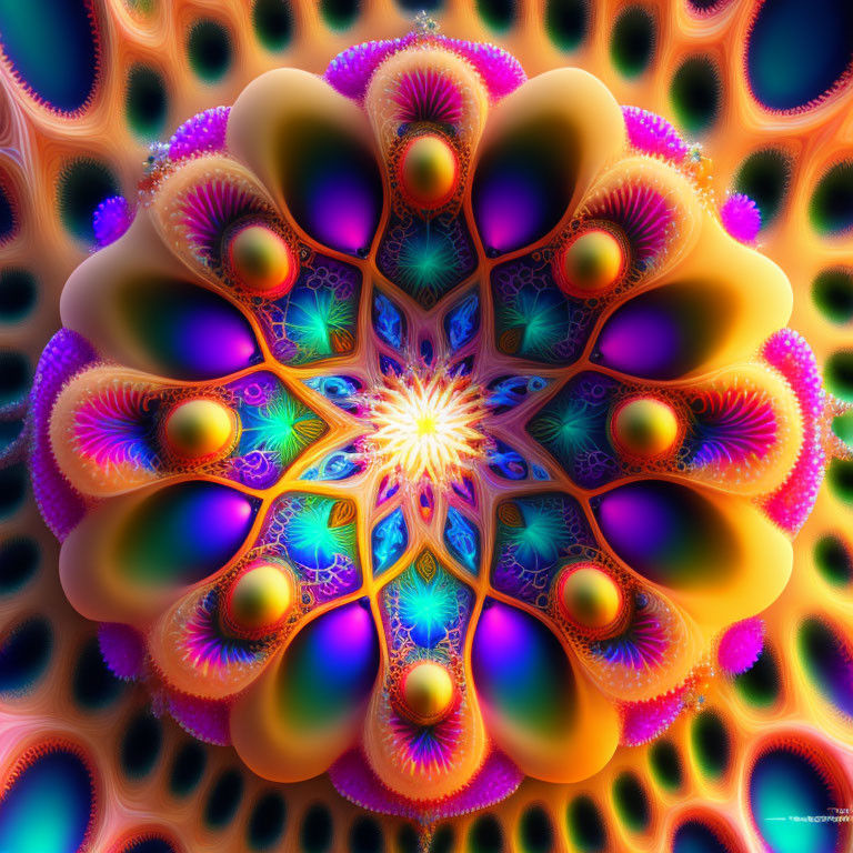 Colorful Symmetrical Floral Fractal Artwork in Blues, Purples, Oranges, and