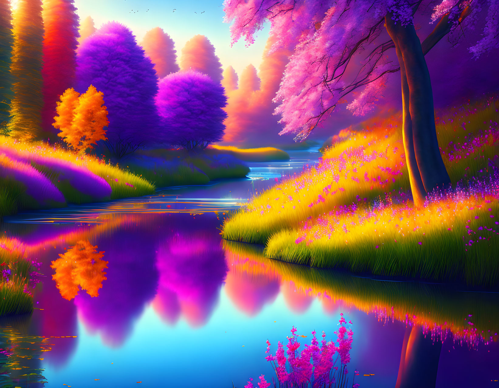 Colorful Trees and Serene River in Vibrant Landscape