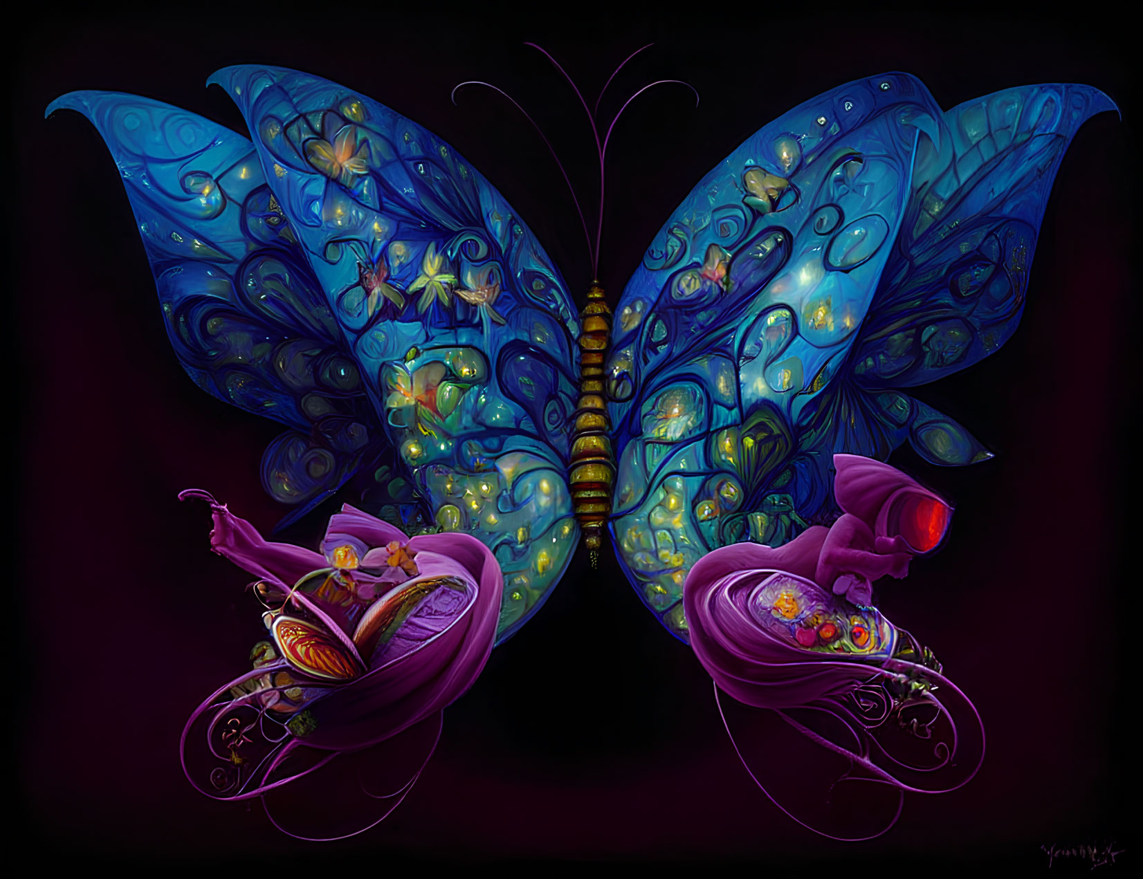 Colorful Digital Artwork: Stylized Butterfly with Ornate Blue Wings