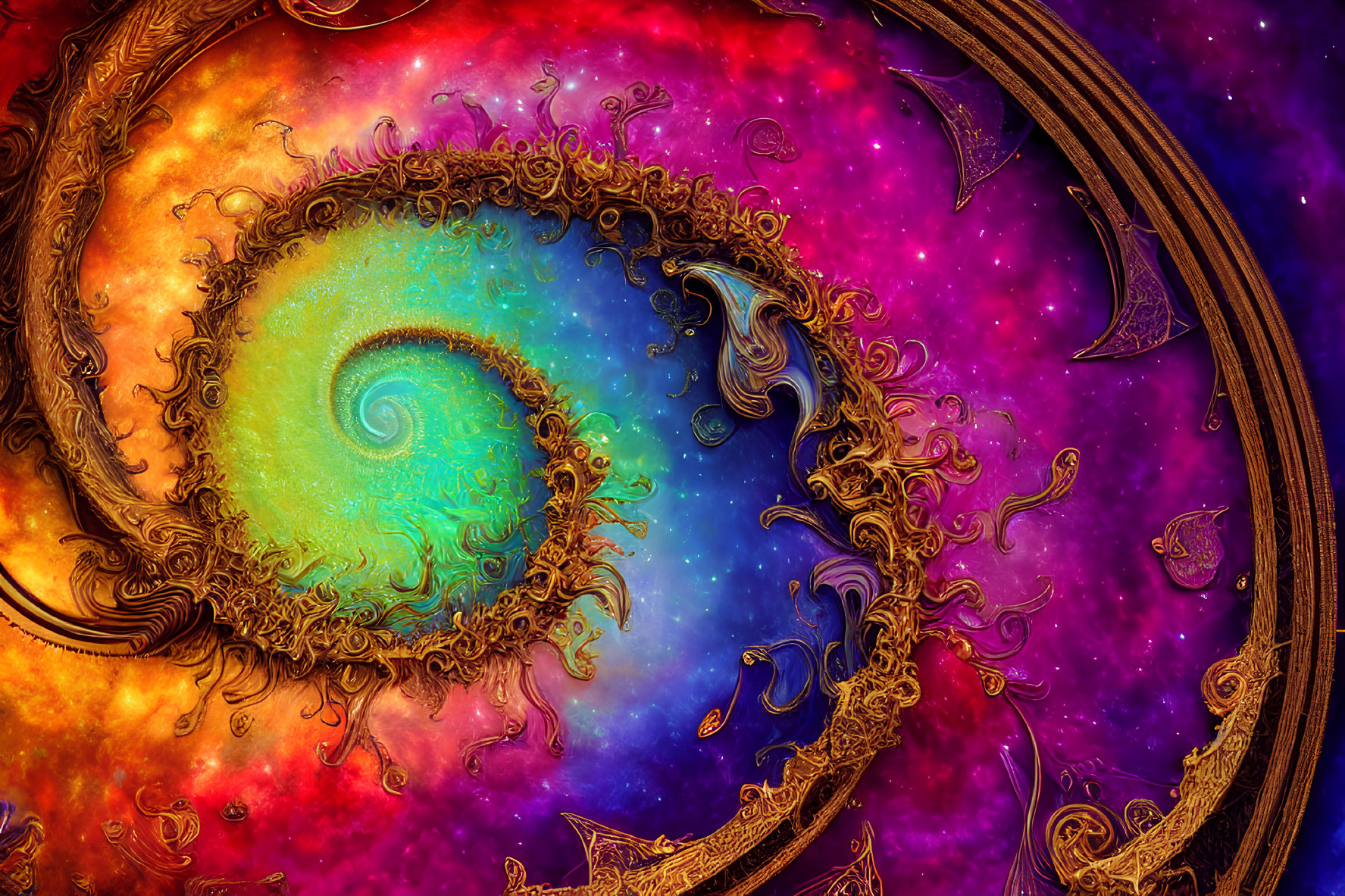 Colorful fractal spiral pattern in green and orange with ornate swirling details on a cosmic star background