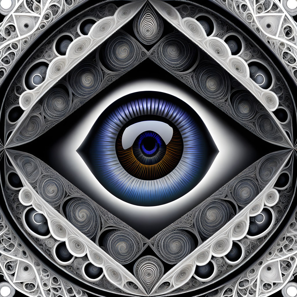 Detailed digital artwork: Eye surrounded by black and white fractal patterns