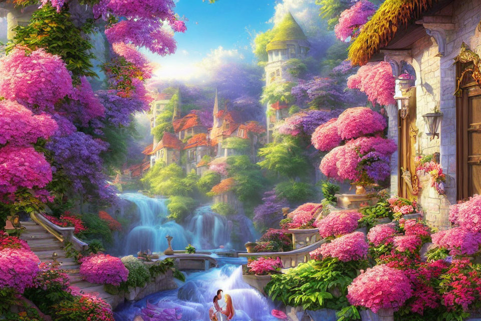 Fantastical landscape with pink trees, waterfall, stone bridge, and castle