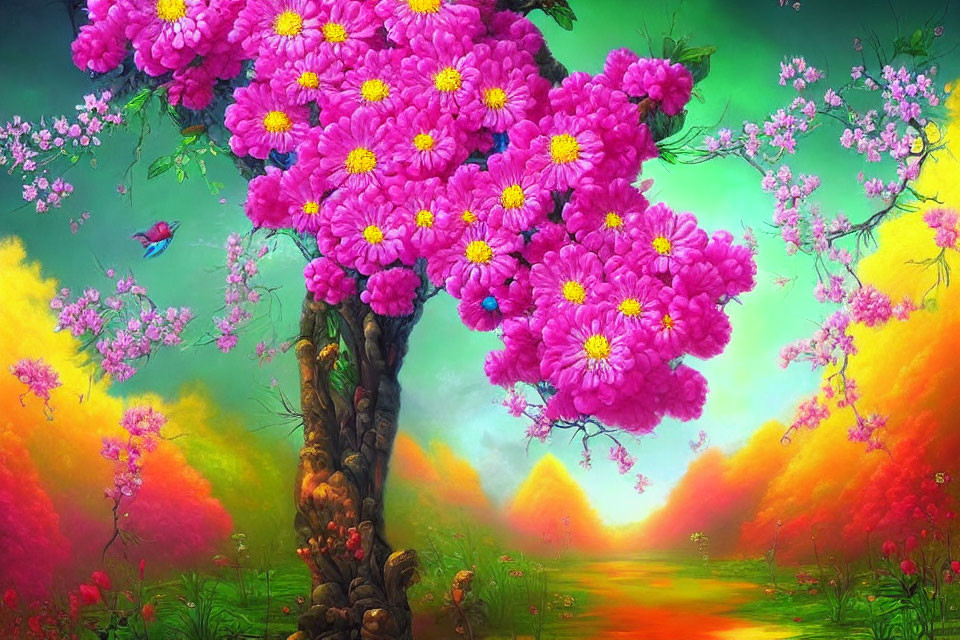 Colorful Flora and Birds in Vibrant Fantasy Landscape