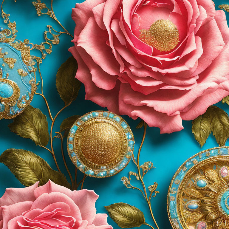 Pink Roses with Golden Jewelry on Turquoise Background