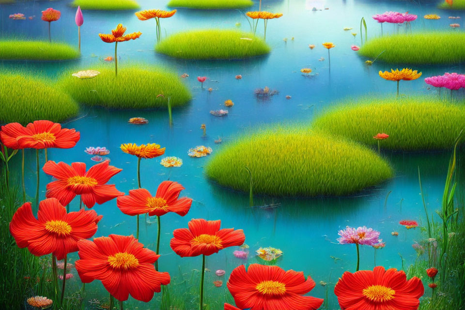 Colorful red flowers, green pond islands, and multicolored lily pads on tranquil water