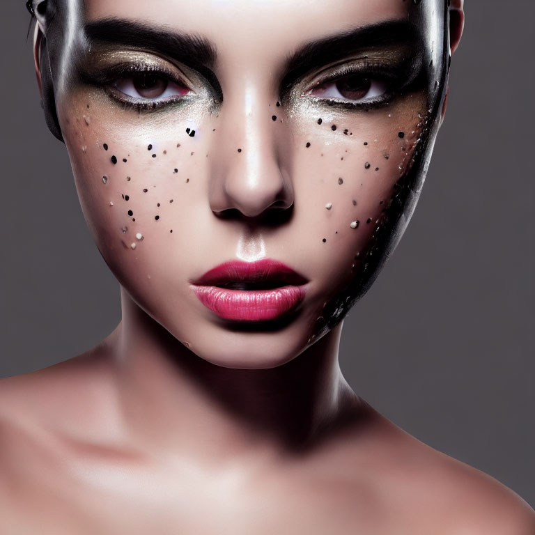 Portrait of person with gold eyeshadow, bold brows, and red lips on grey background