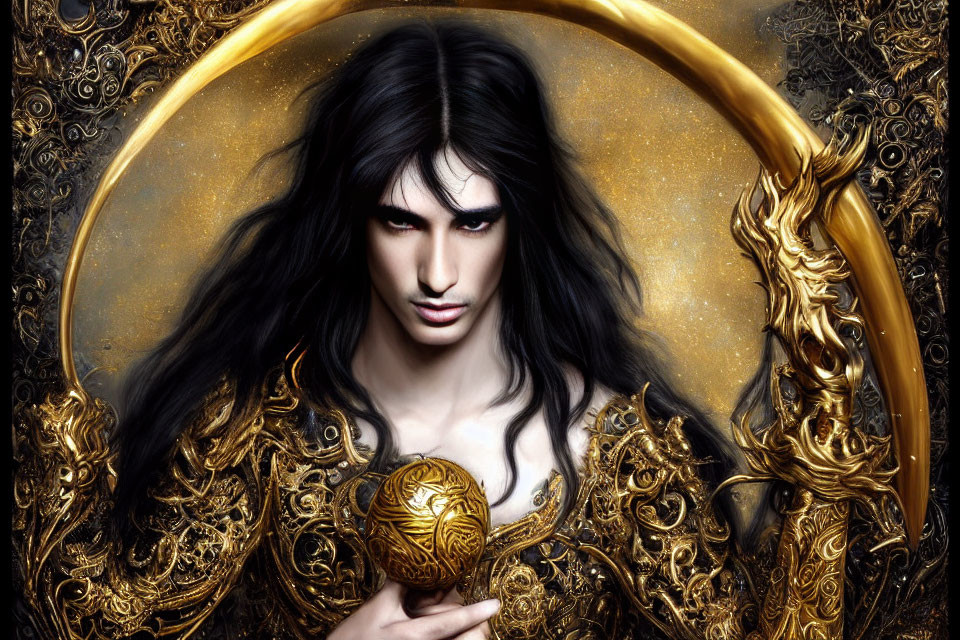 Fantastical portrait of a person with long dark hair and intense eyes holding a golden orb surrounded by