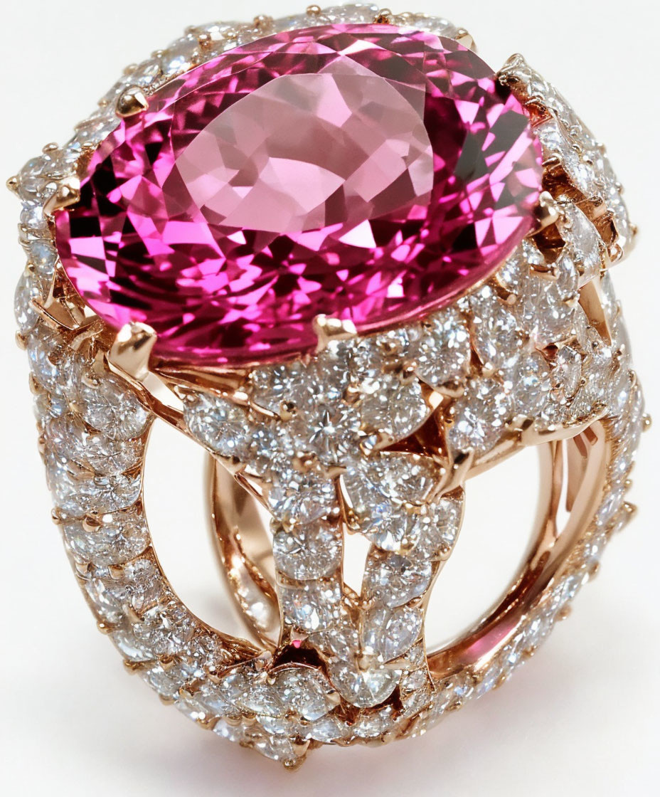 Luxurious Gold Ring with Large Pink Gemstone and Diamond Accents