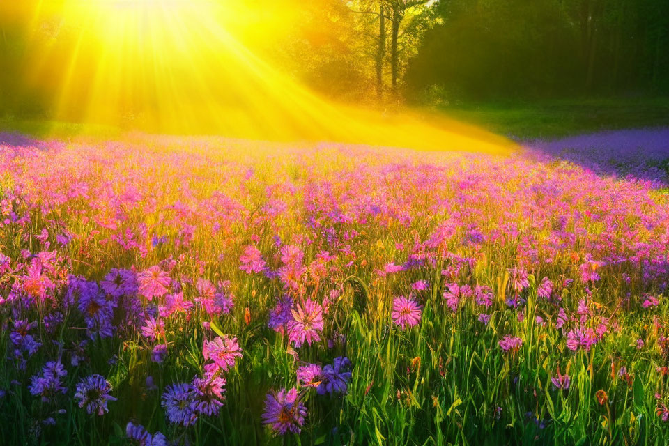 Purple flowers in golden sunlight with rays through trees