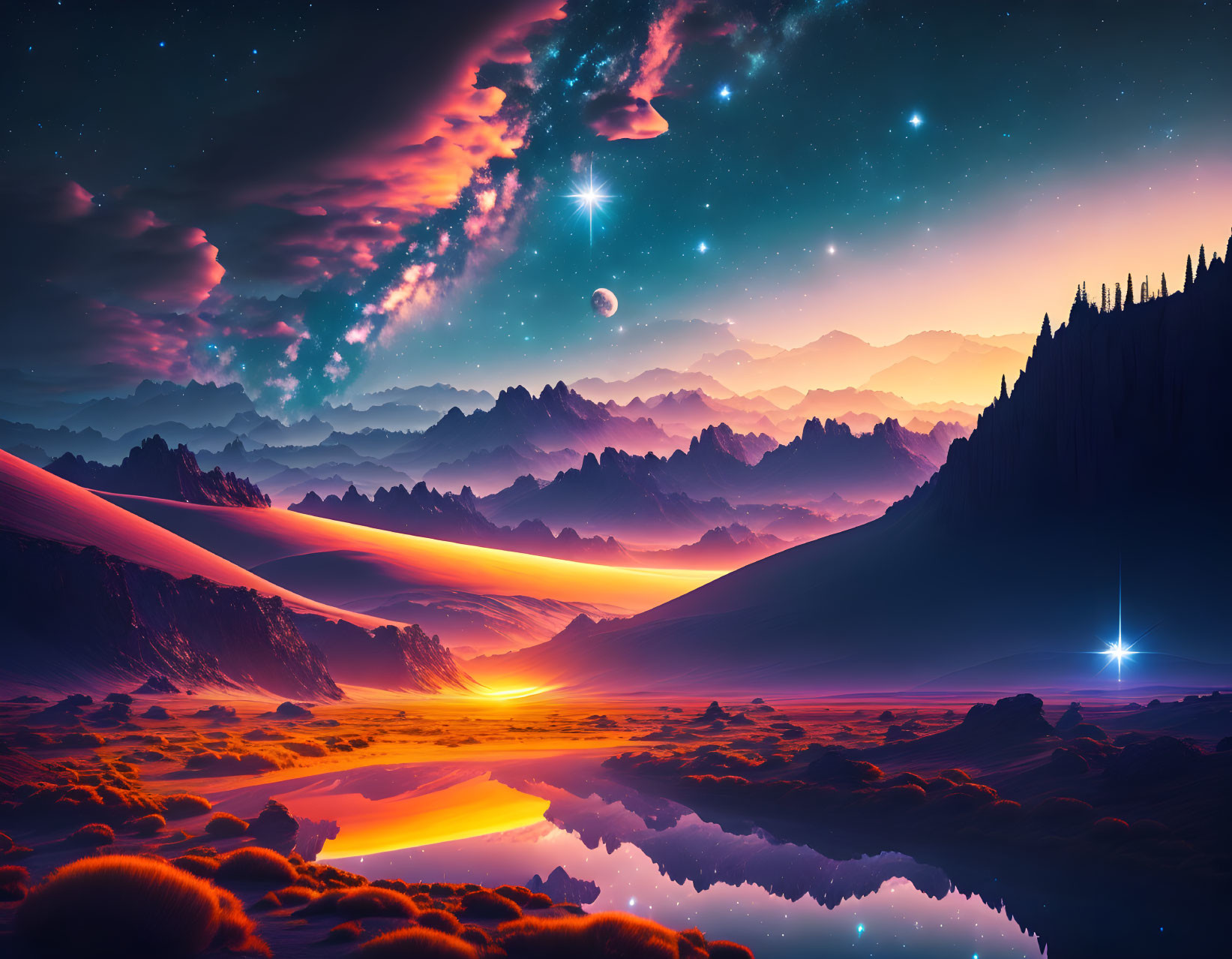 Vibrant sunset colors in surreal landscape with starry sky