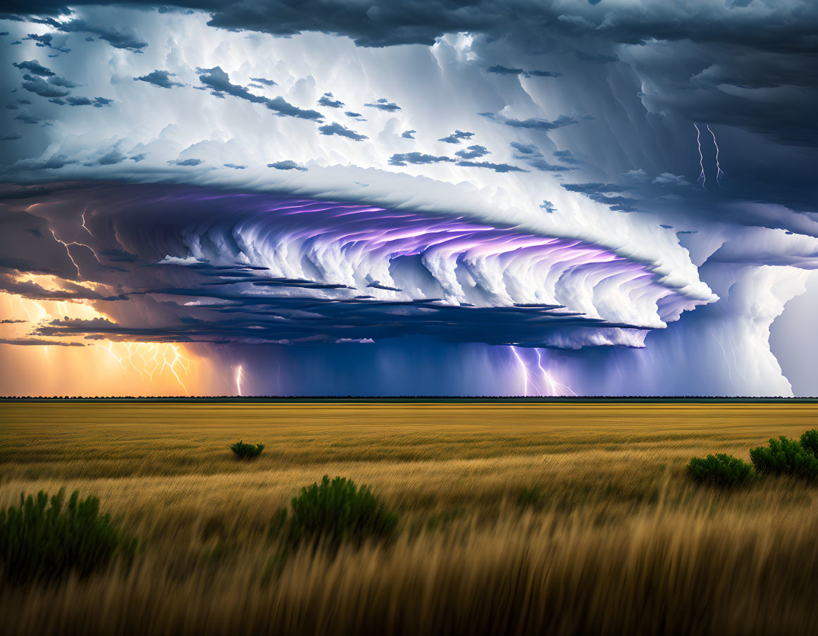 Impressive supercell thunderstorm with swirling purple clouds and lightning strikes