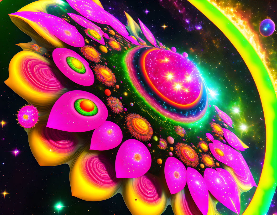 Colorful Psychedelic Space Scene with Floral and Celestial Patterns