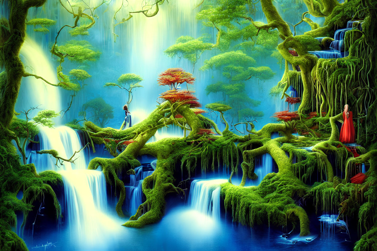 Enchanting forest with greenery, waterfalls, red trees, and blue lighting