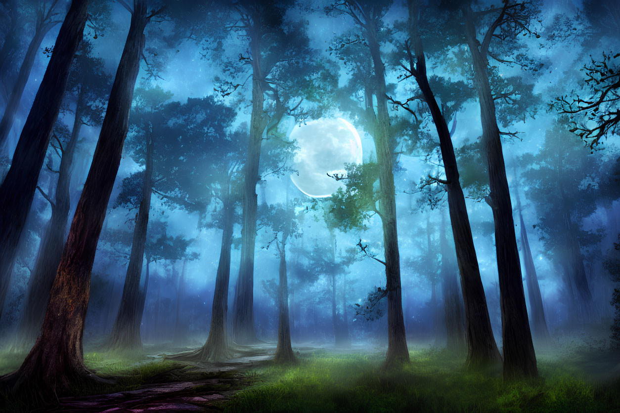 Mystical night forest with large moon and misty glow