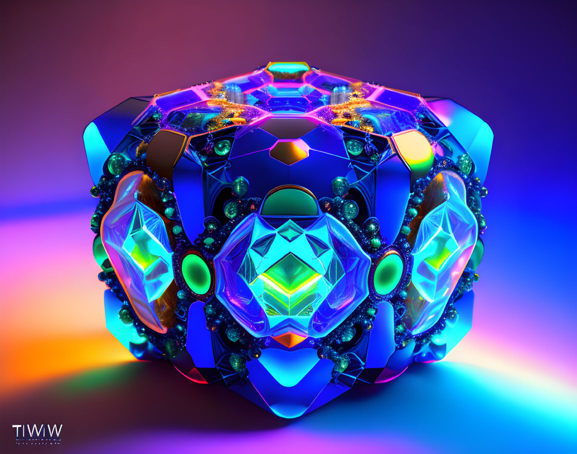 Symmetrical gem-like structure in vibrant neon colors