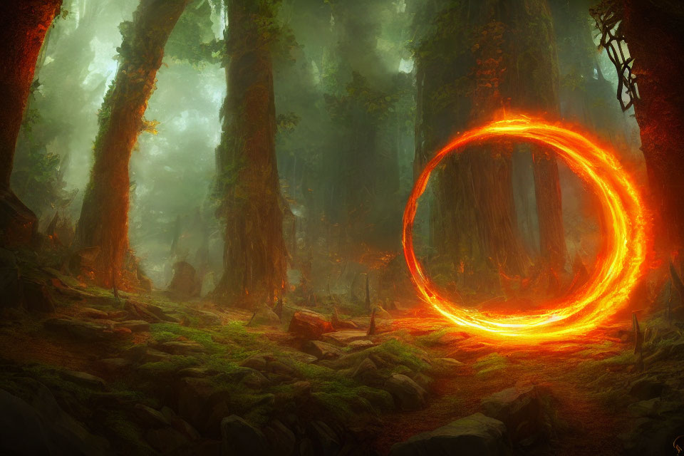 Mystical forest scene with tall trees, fog, and fiery orange portal