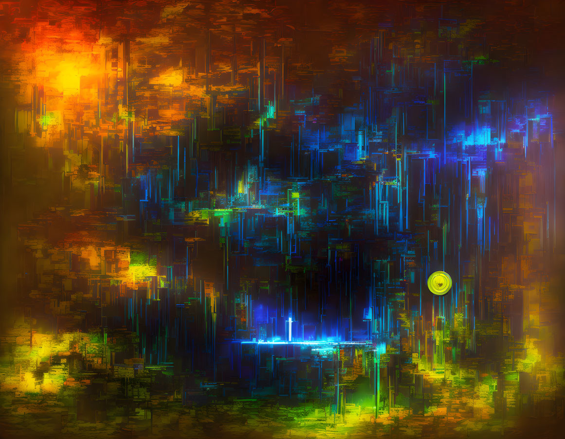 Vibrant Abstract Digital Art: Cityscape with Yellow Circle