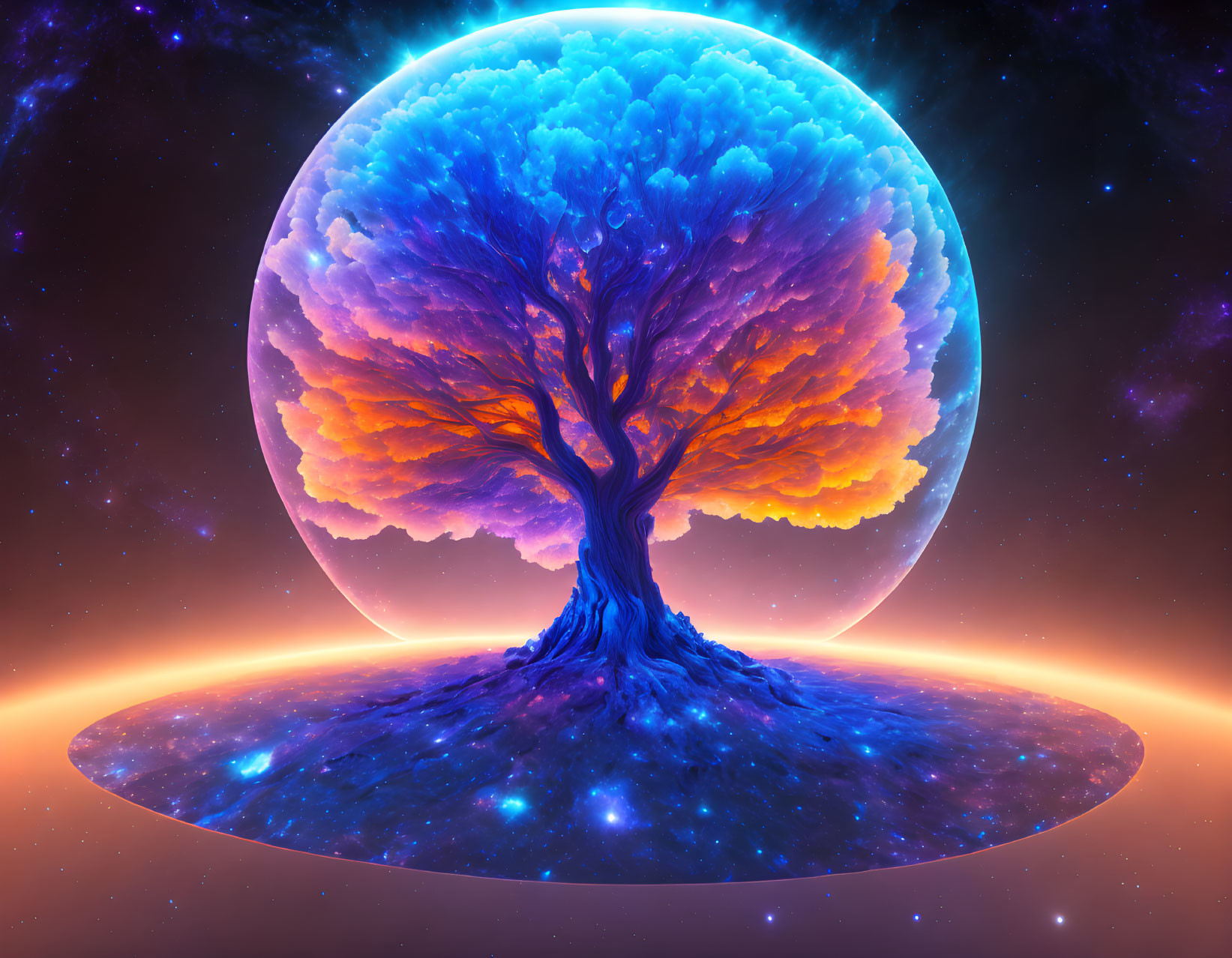 Colorful digital artwork of giant tree in cosmic setting