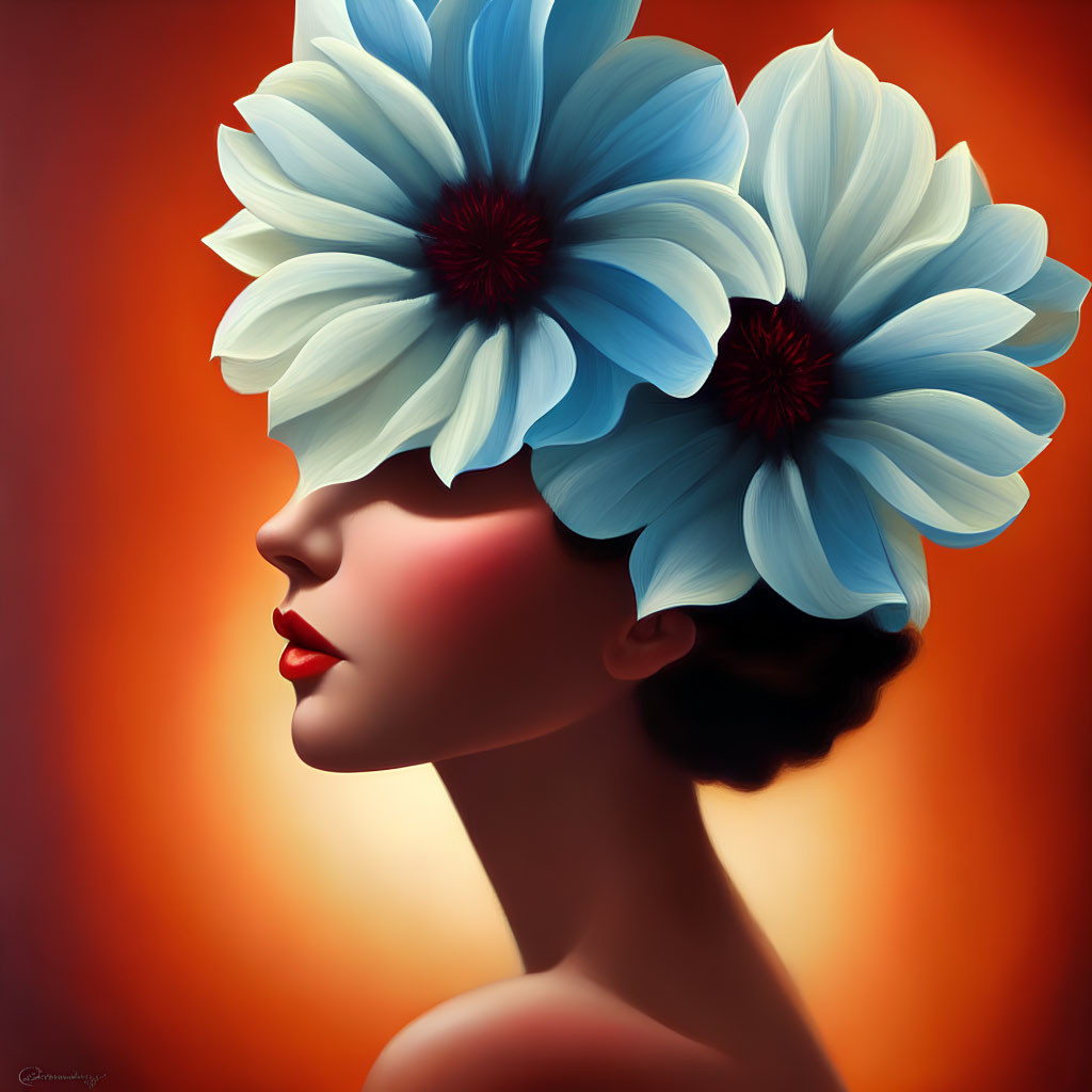 Stylized portrait of woman with blue and white flowers on red-orange background