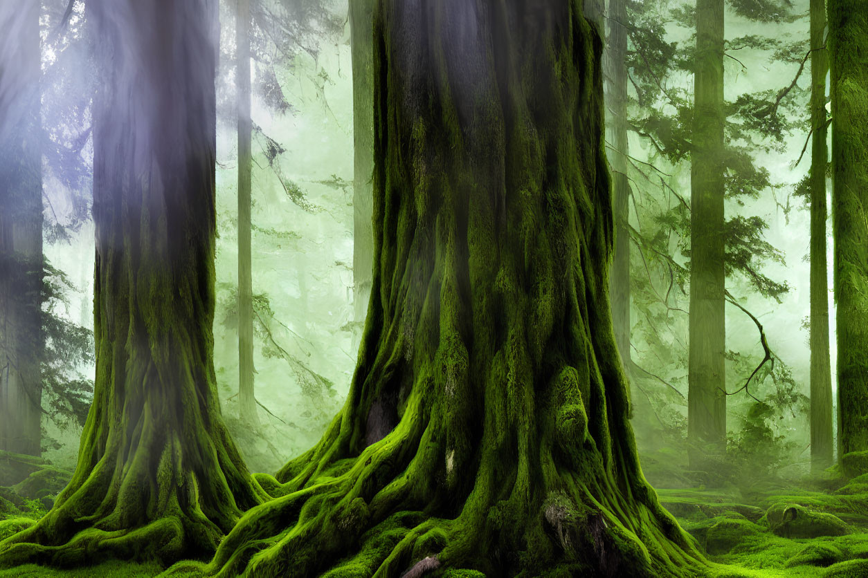 Mystical green forest with towering moss-covered trees in soft light