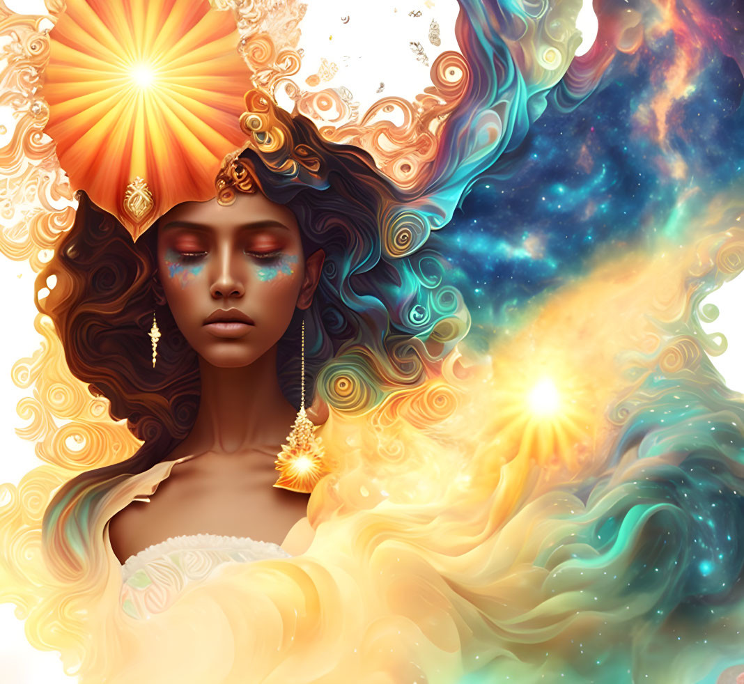 Serene woman with closed eyes in cosmic sun-themed jewelry.