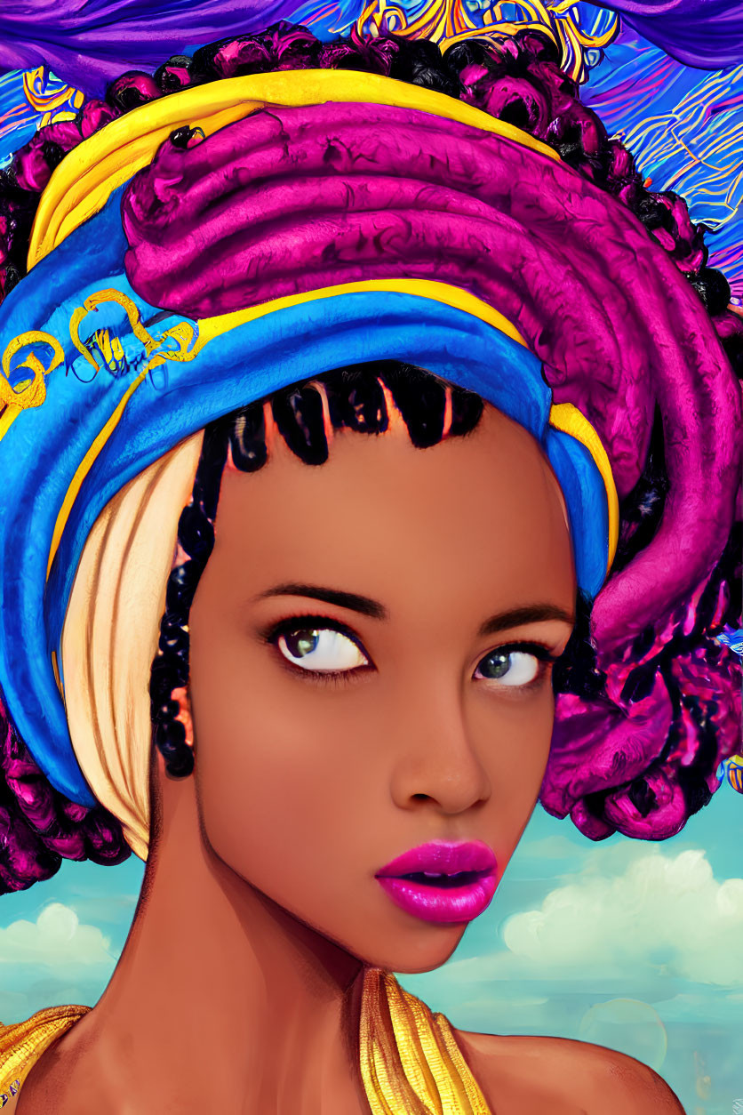 Colorful digital art portrait of a woman with headwrap, vibrant patterns, and bold makeup