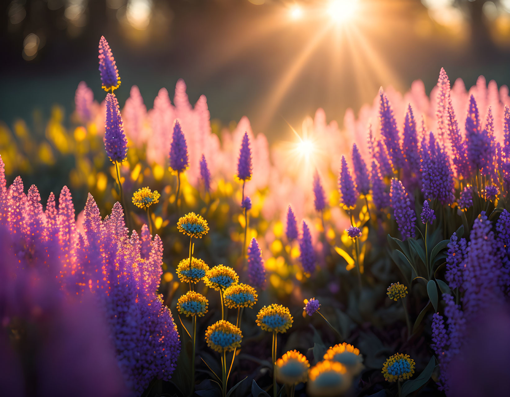 Colorful Lupines and Yellow Flowers in Sunlit Garden