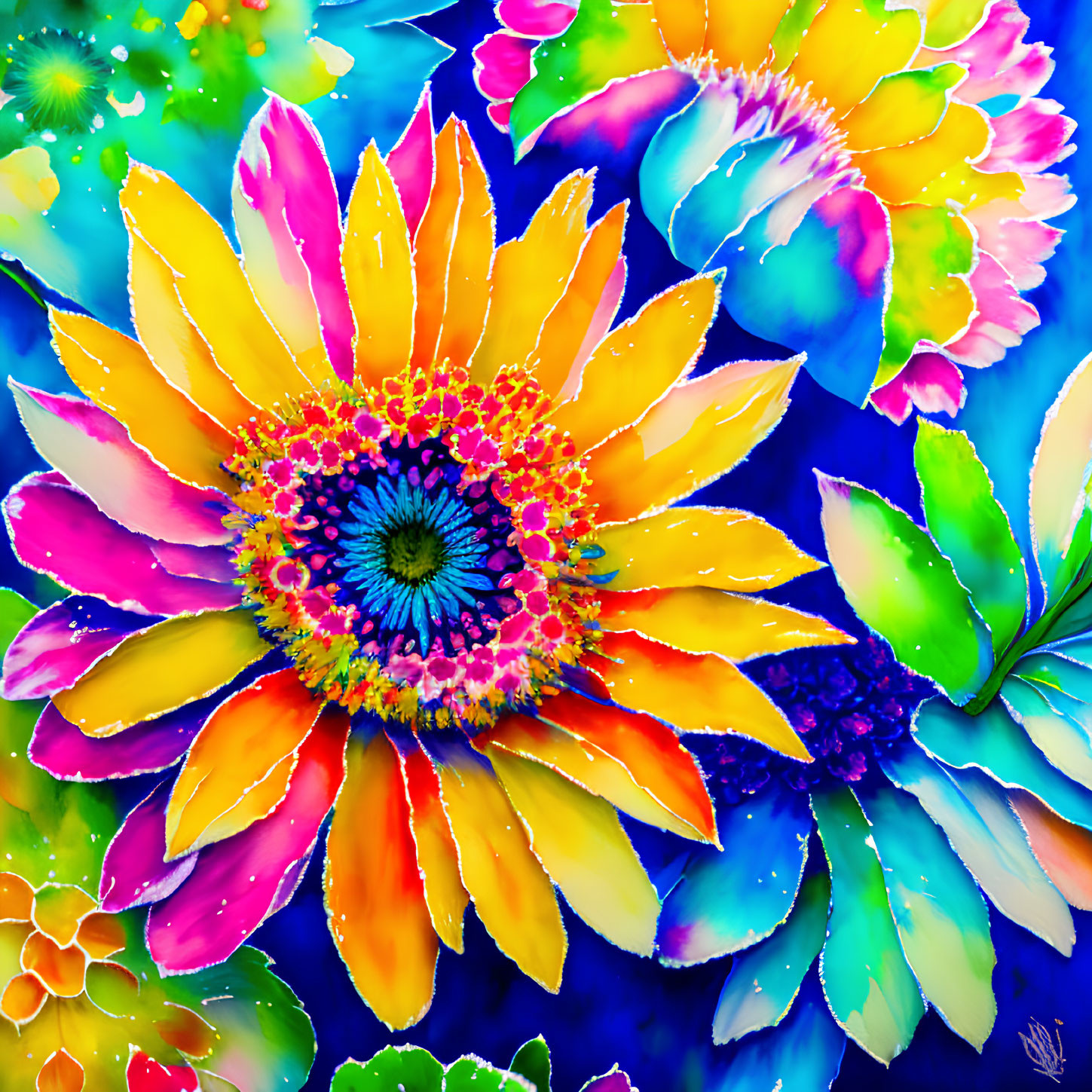 Colorful Sunflower Painting with Abstract Floral Patterns in Blue, Yellow, Pink, and Green