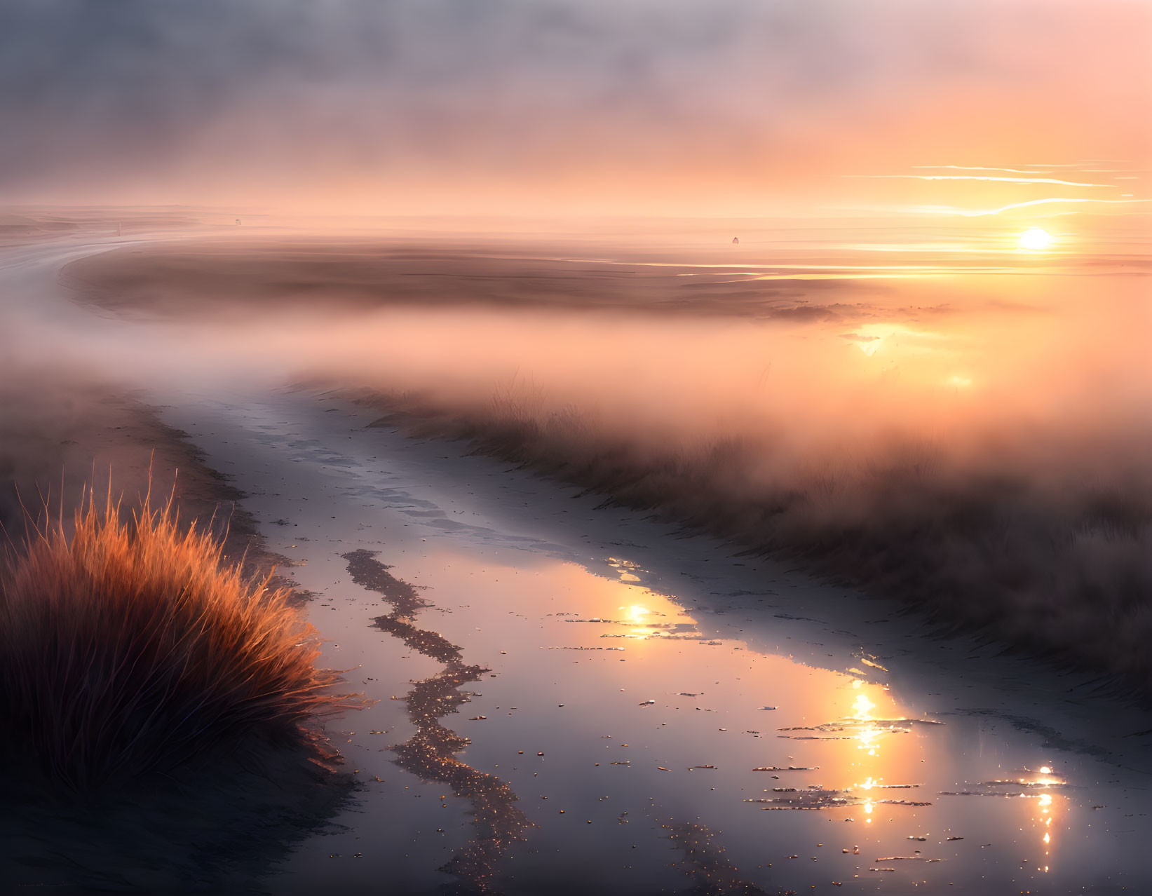 Tranquil sunset scene with golden hues on a misty path