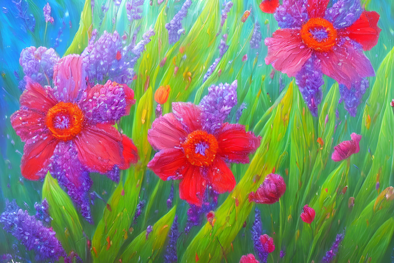 Colorful Impressionistic Painting of Red Poppies and Purple Flowers