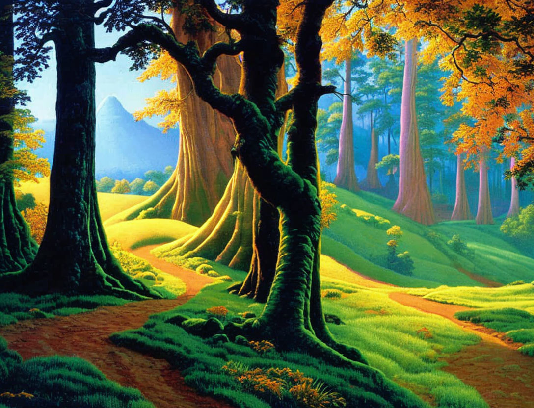 Lush forest painting with towering trees and sunlight piercing through the canopy