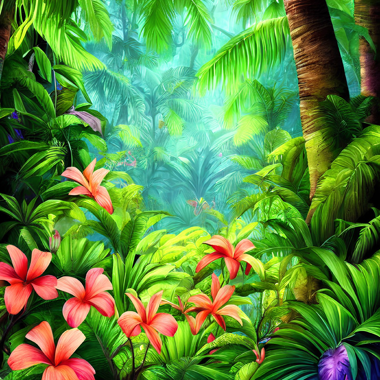 Lush Jungle Scene with Green Foliage and Pink Hibiscus Flowers