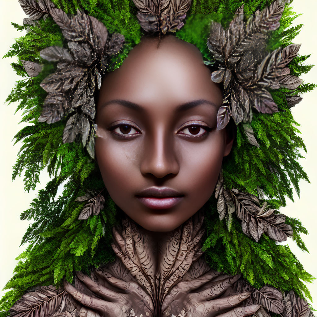 Person wearing foliage and branch headdress on neutral background