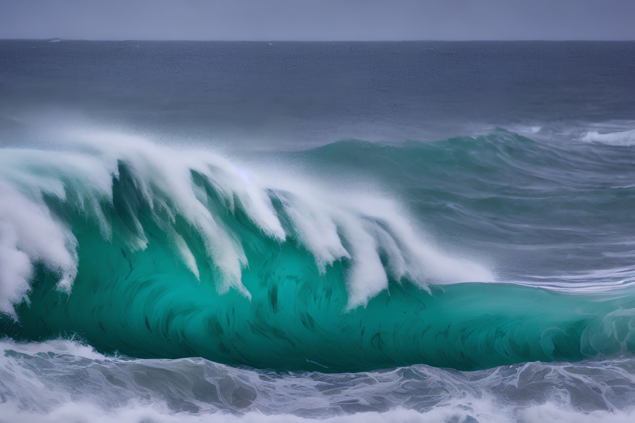 Turquoise Wave Cresting Over Moody Blue Ocean