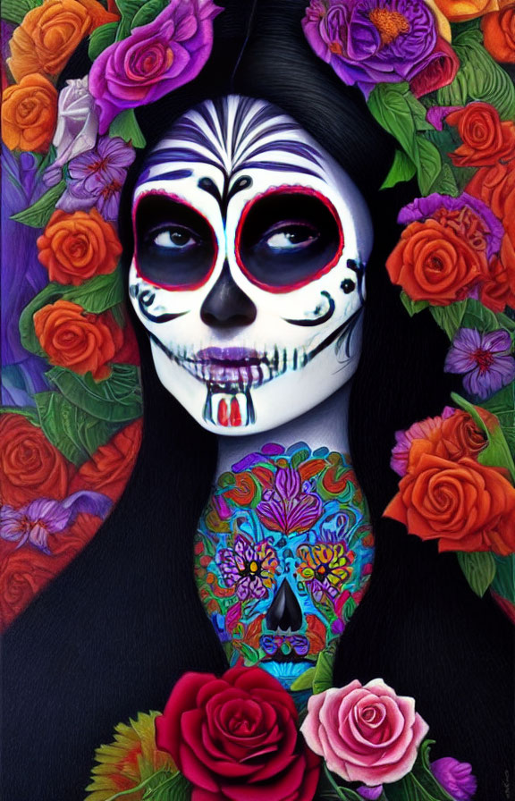 Skull Face Paint Person Among Vibrant Flowers for Day of the Dead