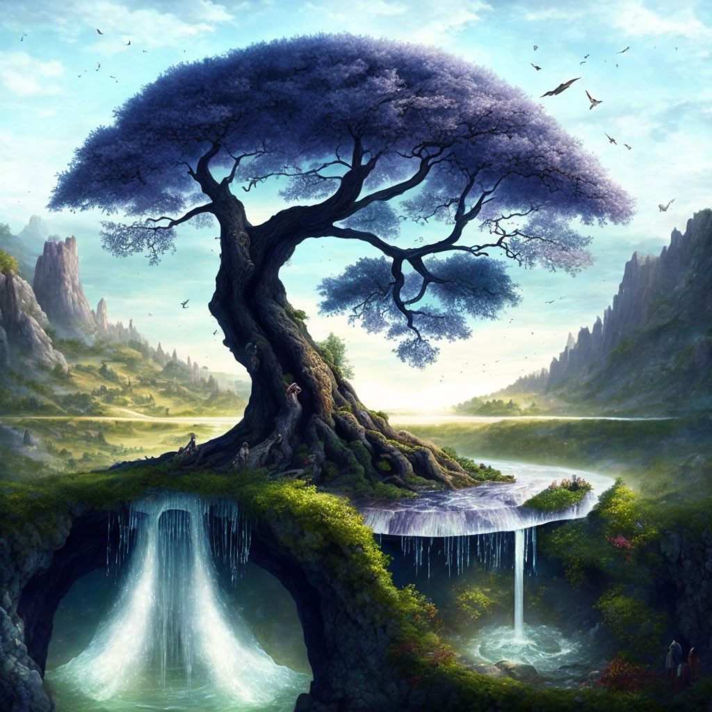 Majestic purple tree on dual waterfall island surrounded by lush landscape