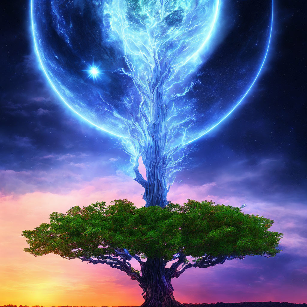 Ethereal tree with luminous blue trunk under twilight sky