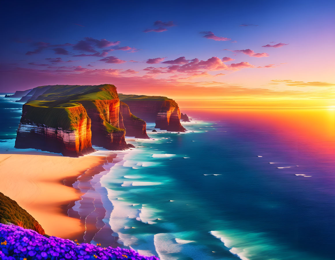 Scenic sunset over ocean with cliffs, waves, and purple flowers