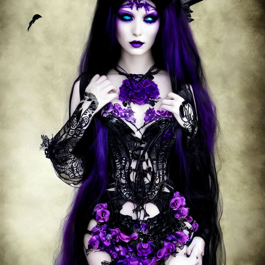 Gothic figure with purple hair and blue eyes in black lace attire on yellow background