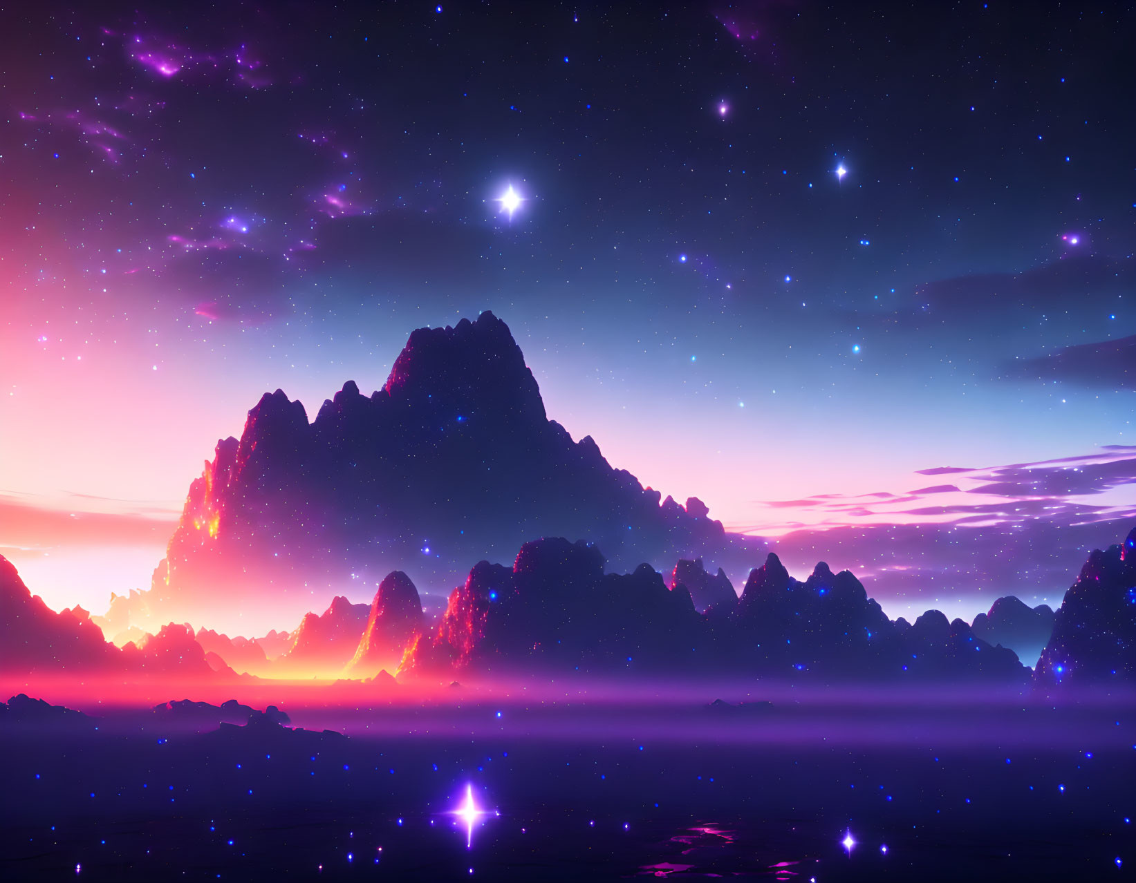 Fantasy landscape with starry sky, mountains, vibrant purple and pink hues, and serene water reflections