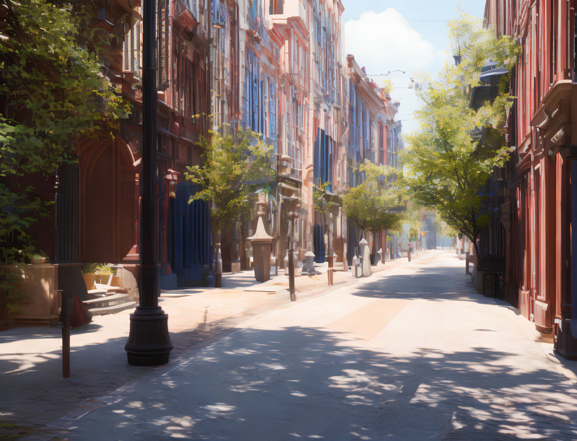 Classic Urban Street Scene with Red and Brownstone Buildings