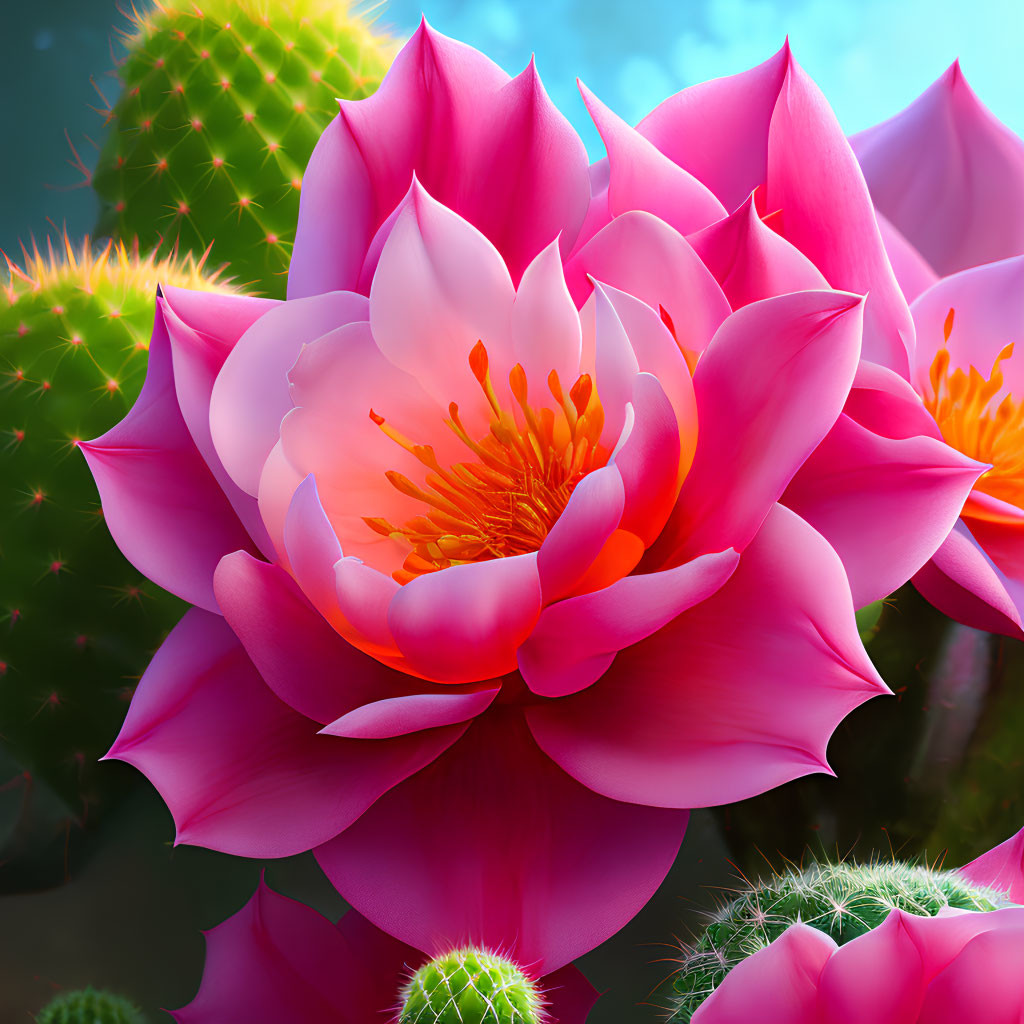 Pink Lotus Flower Blooming Among Green Cacti