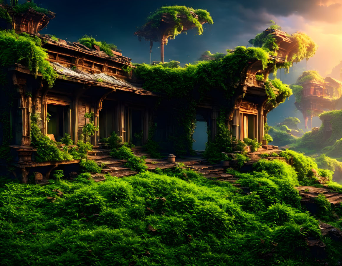 Ancient temple surrounded by lush greenery under sunlit sky