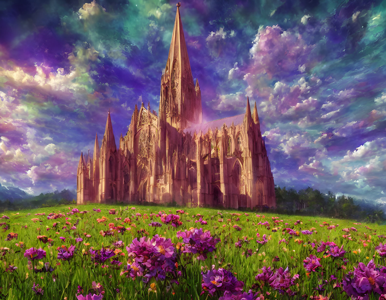 Gothic Cathedral in Blooming Field with Colorful Sky