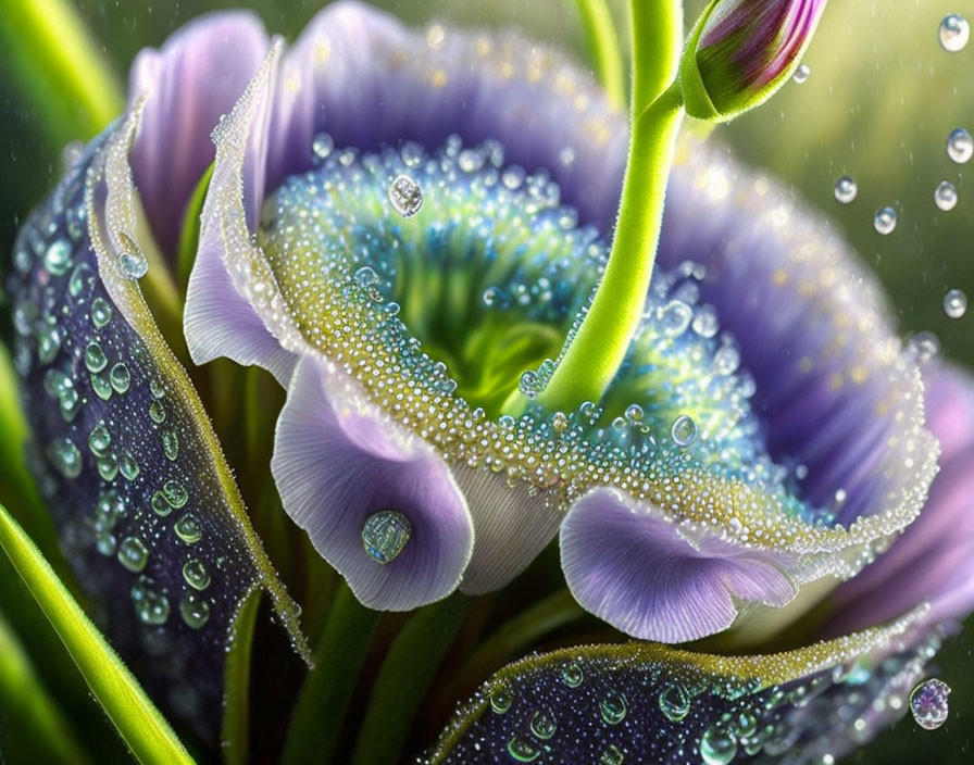 Close-up of Purple Flower with Water Droplets and Air Bubbles