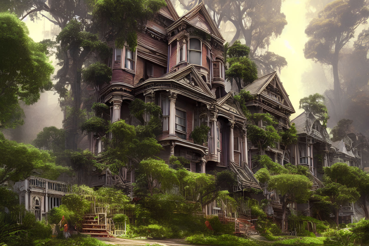 Victorian House in Overgrown Forest with Fog and Explorers