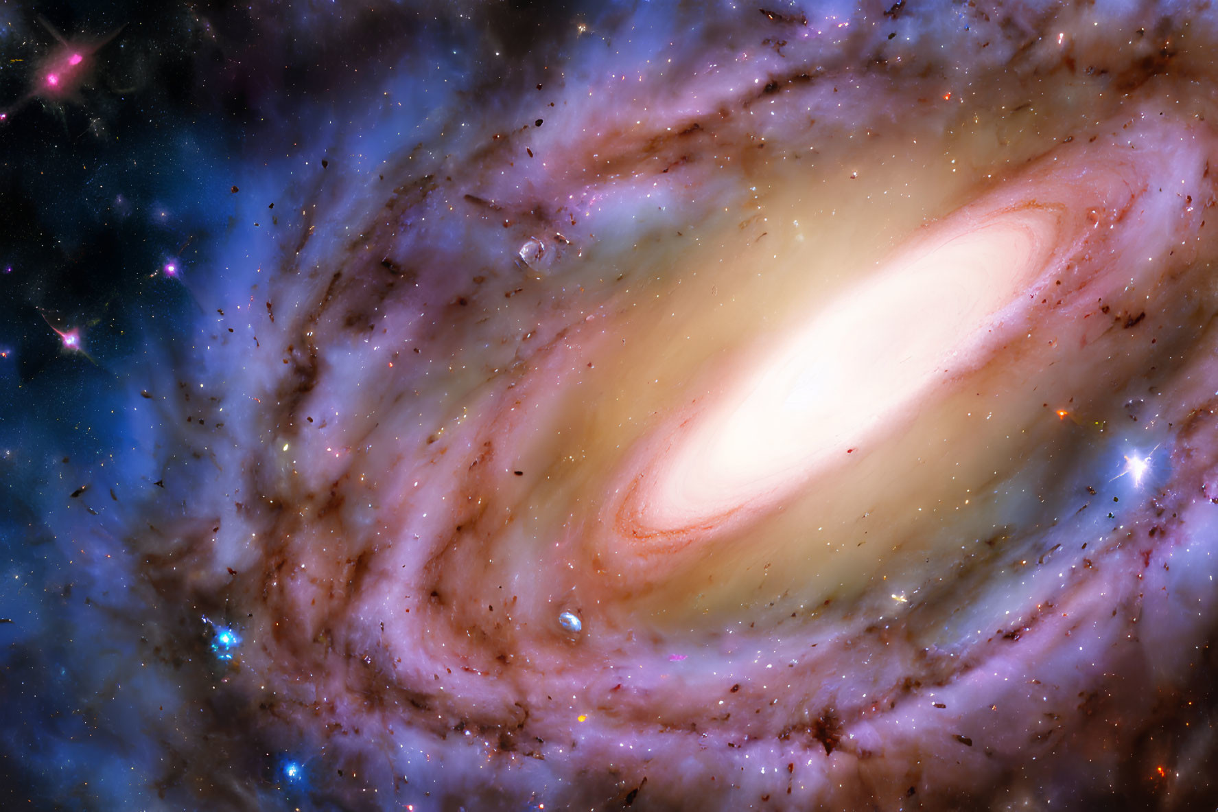 Colorful swirling galaxy with bright core in dark cosmos