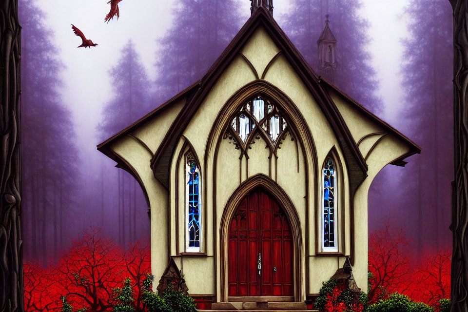 Gothic-style chapel with stained glass windows and red door in misty forest